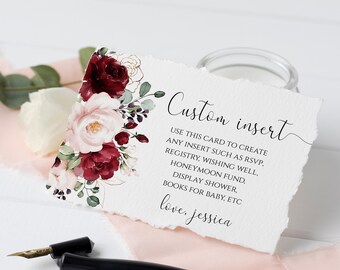 Red Floral Insert Card Template: Wedding, Shower (SRF, Instant Download)