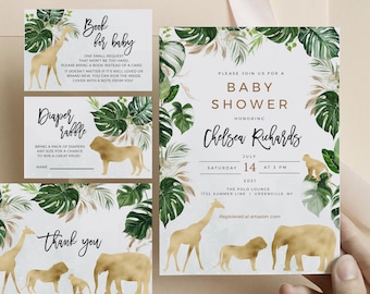 Safari Baby Shower Invitation Set: Editable Template (Diaper Raffle, Thank You Card, SPP)