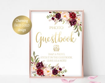 Photo Guestbook Sign: Burgundy Roses, Faux Gold (Digital Download Marsala)