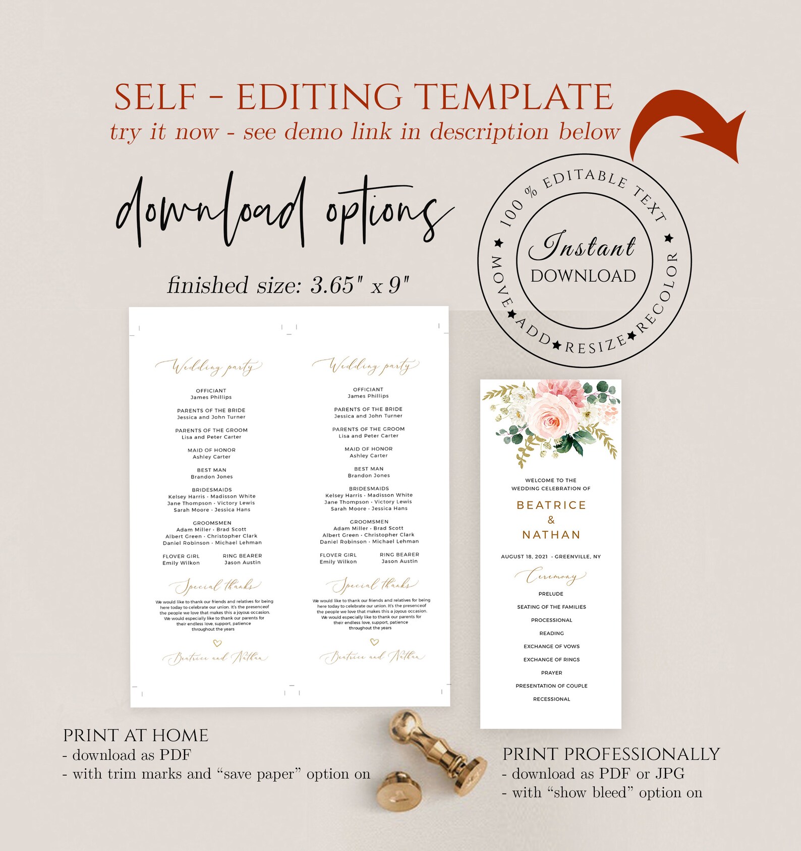 Blush Wedding Program Template Printable Order of Service Etsy