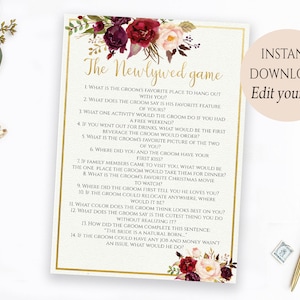 Bearbeitbares Spiel Das Jungvermähltenspiel Wie gut kennt die Braut den Bräutigam Spielkarte Hochzeit Duschspiele Preisspiele Bachelorette Marsala Burgund