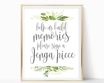 Guestbook Sign Help Us Build Memories Please Sign Jenga Piece Jenga Sign Watercolor Greenery Decor INSTANT DOWNLOAD 4x6, 5x7, 8x10 PDF Print