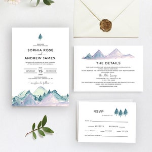 Wedding Invitation Template, Mountain Printable RSVP and Details, Instant Download, Templett, SPM