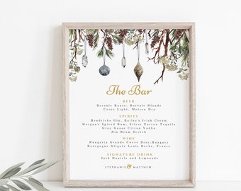 Wedding Bar Menu Sign, Printable Christmas Bar Menu Template, Pine Bar Sign, 100% Editable, Instant Download, Edit with Templett