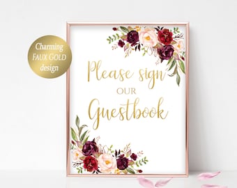 Burgundy Floral Wedding Guest Book Sign: Faux Gold (Digital Download Marsala)