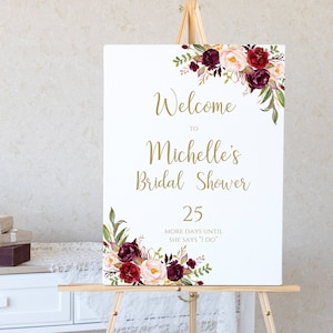 Burgundy Floral Bridal Shower Welcome Sign Template (Marsala)
