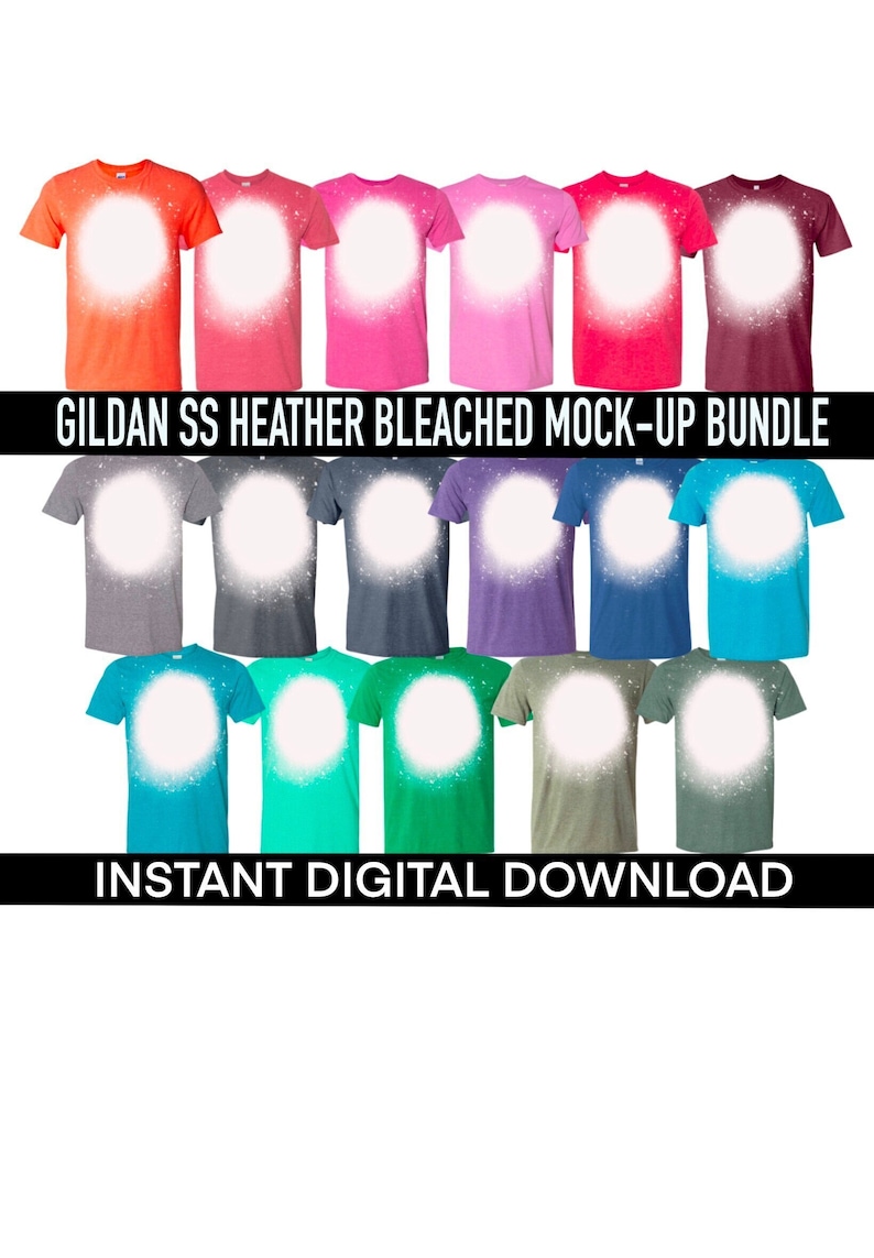May include: A set of 18 bleached t-shirt mockups in various colors, including orange, pink, red, gray, purple, blue, teal, green, and brown. The shirts are all short-sleeved and have a white bleached circle in the center. The text "GILDAN SS HEATHER BLEACHED MOCK-UP BUNDLE" and "INSTANT DIGITAL DOWNLOAD" are at the top and bottom of the image.