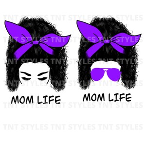 Purple Curly Hair Mom Life PNG, Sublimation Instant Download, Transparent Background Files, Mama with Glasses & Eyelashes Bundle