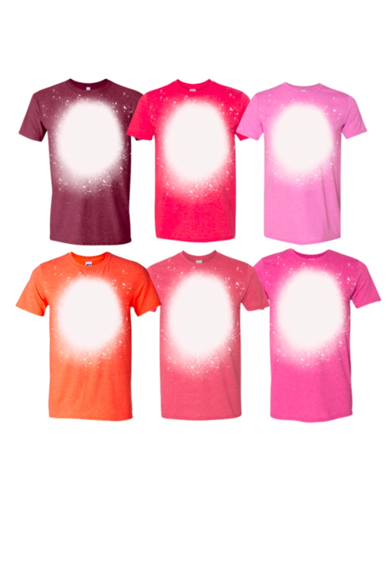 May include: Six t-shirts in various colors with a white bleach-splattered design in the center of each shirt. The shirts are maroon, red, pink, orange, coral, and light pink.