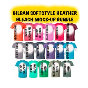 May include: A collection of 18 Gildan Softstyle Heather t-shirts in various colors, including orange, red, pink, purple, blue, green, and gray. Each shirt has a bleached effect, creating a unique and stylish look.