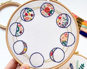 Complete kit, MOON PHASES: Embroidery for beginners, materials and explanation booklet, Floral embroidery, pink and mimosa stitch
