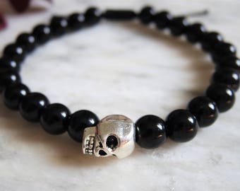 Black Jasper Men's Bracelet-Unisex Black Bracelet-Gemstone Bracelet-Yoga Bracelet- Silver Skull Bead-Sliding Adjustable Bracelet-Men's Gift