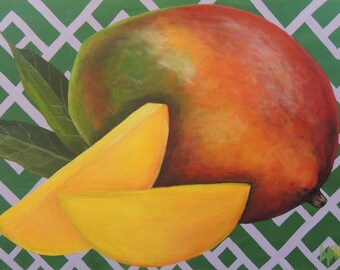Large  painting 24"x36" Mango tropical fruit,  southern tiki bar, restaurant decor, colorful fruit, aesthetic, key west, 60s style, mod