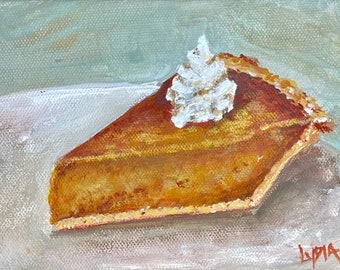 Thanksgiving original painting colorful Pumpkin Pie acrylic small painting titled "Thanksgiving Pie" 5"x7"