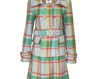 Plaid Wool Coat Lee Cooper Size L (UK14 US10)/ Green Grey Check Double Breasted Ladies NEW Long Jacket/ Fully Lined/Fabric Belt Waistband/