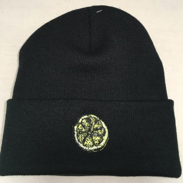 The Stone Roses Embroidered Lemon Spike Island Black Winter Cuffed Beanie / Ski Hat With Turnup Ideal Present Gift Unisex Men Women