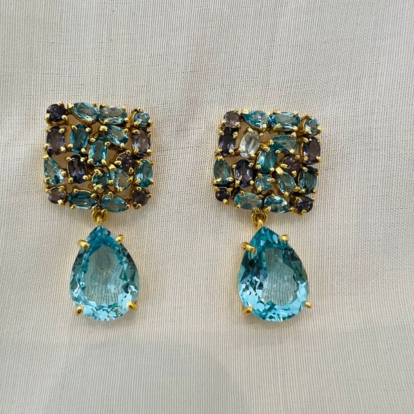 Sterling silver gold plated Blue Topaz  Iolite anniversary earring wedding earring cocktail earring statement earring