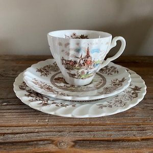 Puede incluir: Un juego de taza y platillo de té blanco con un patrón floral marrón y una escena de un pueblo holandés con un molino de viento. La taza tiene un borde festoneado y un asa.