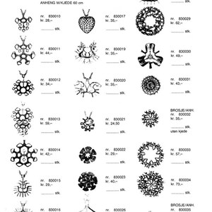 Puede incluir: Una lista de precios en blanco y negro para joyas de bronce. La lista incluye collares, pulseras y broches. Los precios est&aacute;n en coronas noruegas.