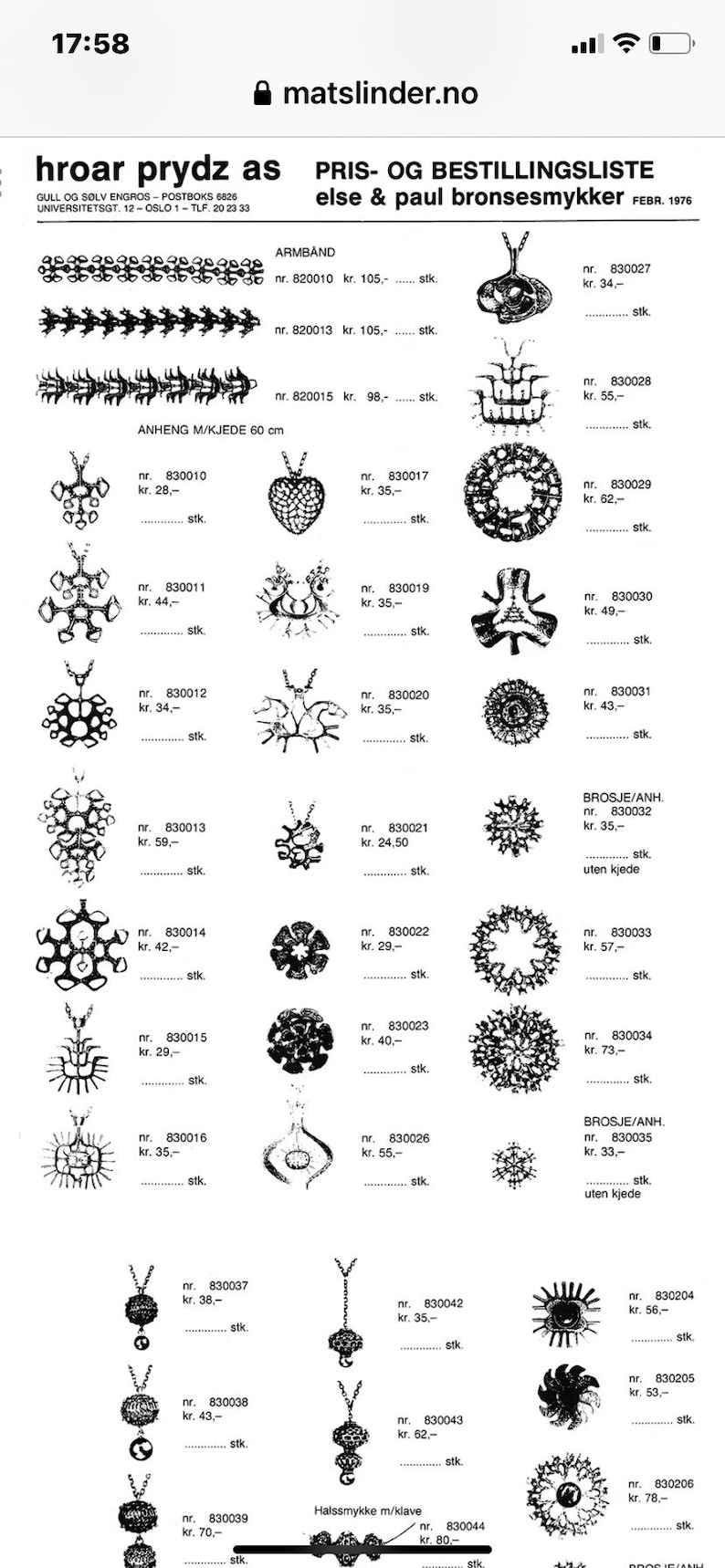 Puede incluir: Una lista de precios en blanco y negro para joyas de bronce. La lista incluye collares, pulseras y broches. Los precios est&aacute;n en coronas noruegas.