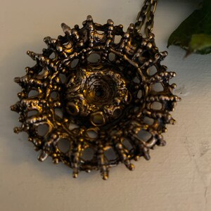 Puede incluir: Un collar con un colgante circular de color dorado, con un dise&ntilde;o intrincado y texturizado. El colgante tiene una apariencia casi org&aacute;nica con un peque&ntilde;o agujero en el centro.