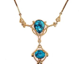 Retro Gold Natural Turquoise Gem & 0.65 Carat Round Diamond Necklace Circa 1950