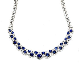 Modern Gold 37 Carat Natural Colorless Diamond & Blue Sapphire Italian Necklace