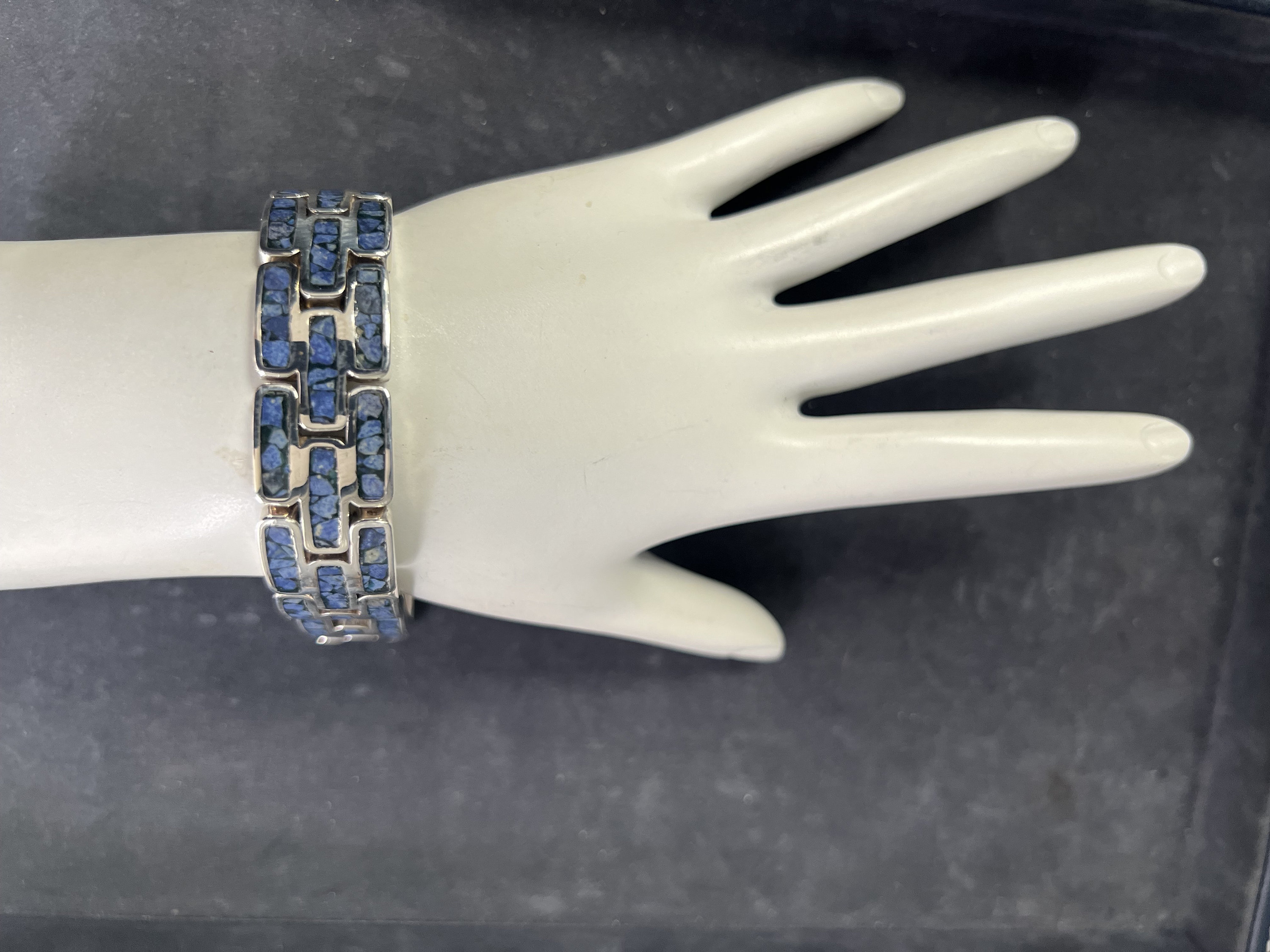 Bracelet Manchette En Argent 925 Avec Sodalite - Vintage, Artisanat Du Mexique, 55x60mm, 49.1g