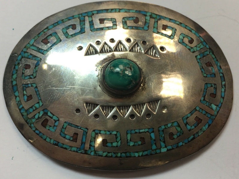 Antique Silver Belt 925 482.7g INLAY Turquoise Old Pawn CONCHO Estate Gem Stone 画像 9