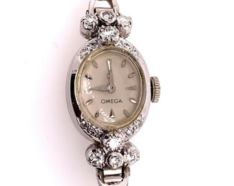 Ladies White Gold Omega 1.25 Carat Natural Diamond Manual Cocktail Vintage Watch