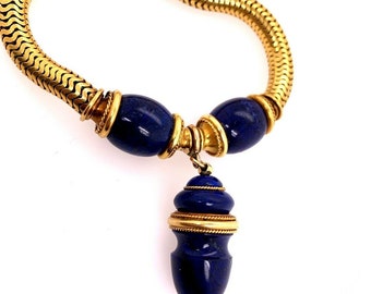 Retro 22k Gold Bracelet Natural Lapis Lazuli Gem Stone Circa 1940