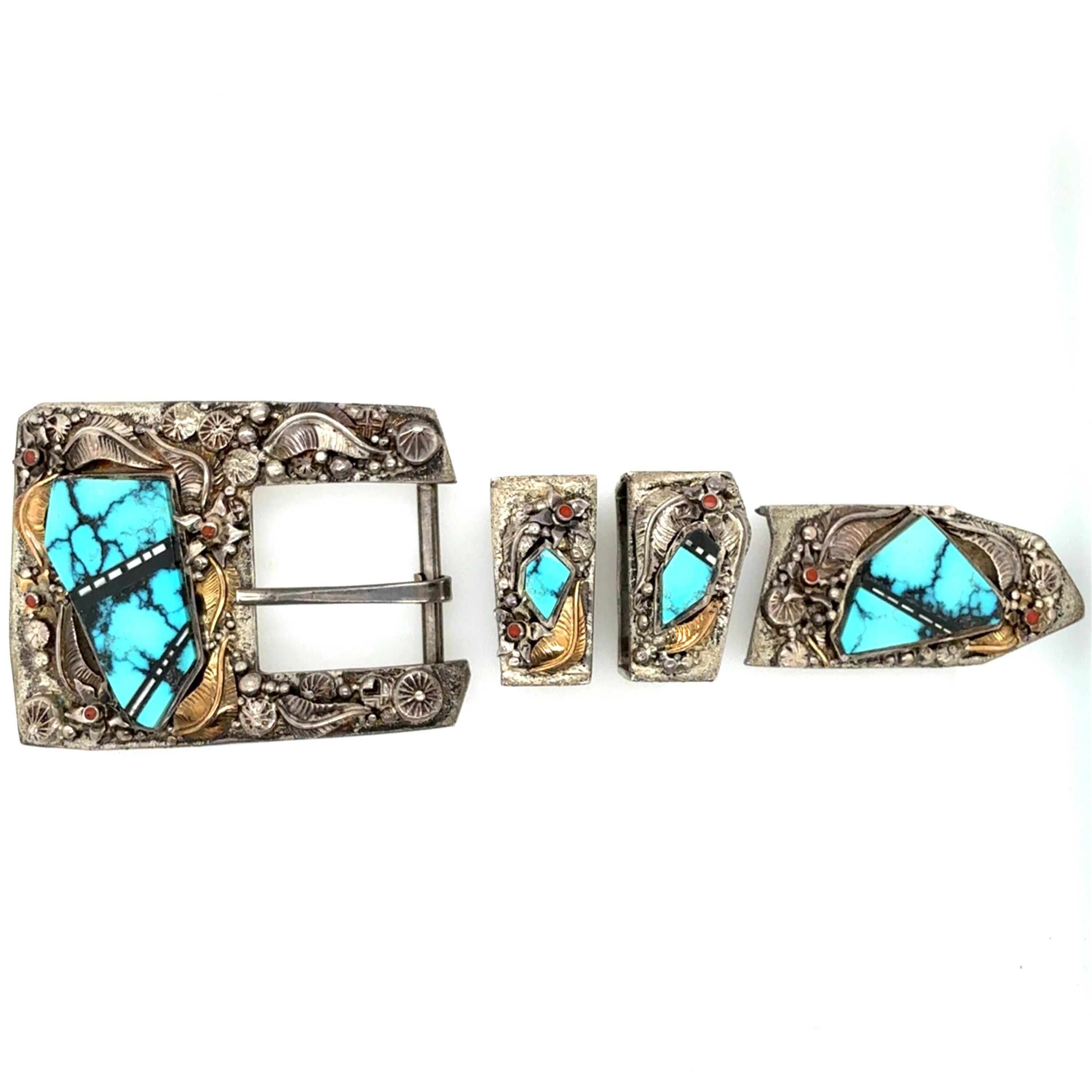 Turquoise and Gold Buckle Belt Set GL 14K Yellow Gold & Multi Stone Ranger Design 4pc. Belt  main image 3