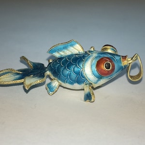 Vintage Chinese Silver Enamel Lt Blue Wide Fish Pendant W/ Flat sterling 925