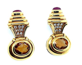 Retro Gold 6 Carat Natural Diamond, Rubellite Cab & Citrine Earrings Circa  1980