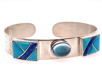 One Rare Cuff 21g 925 Silver Bangle Turquoise/Lapis-Like Stone Inlay bracelet