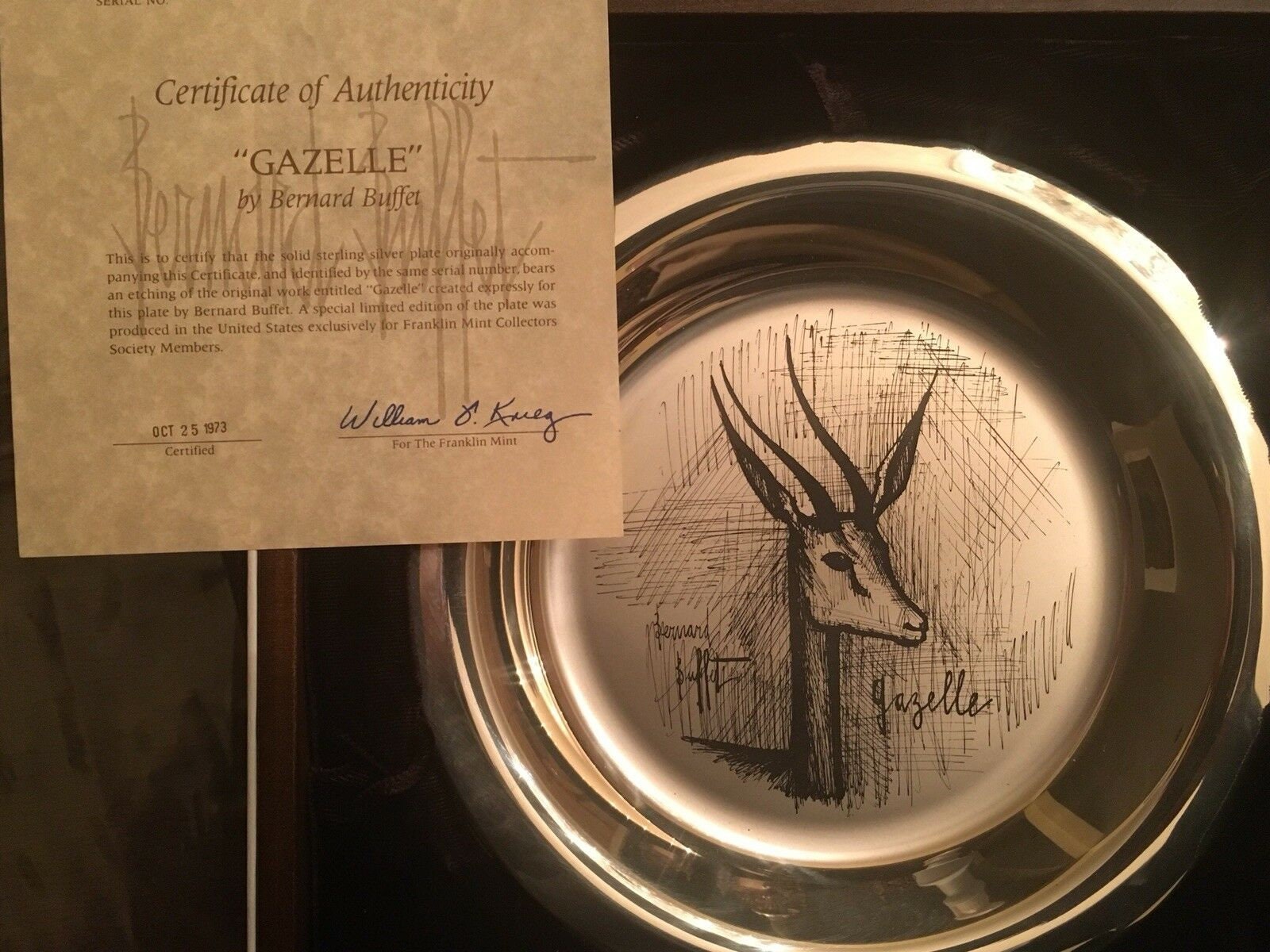 Bernard Buffet GAZELLE Plate Sterling Silver Collector Franklin