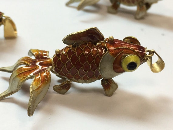 Vintage Chinese Silver Enamel brownish Caramel Fish Pendant With Flat Bail 925