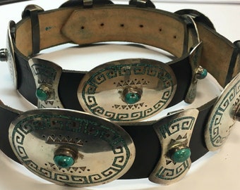 Antique Silver Belt 925 482.7g INLAY Turquoise Old Pawn CONCHO Estate Gem Stone