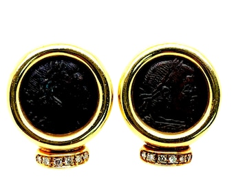 Retro Yellow Gold Roman Constantine Coin & Natural Diamond Statement Earrings