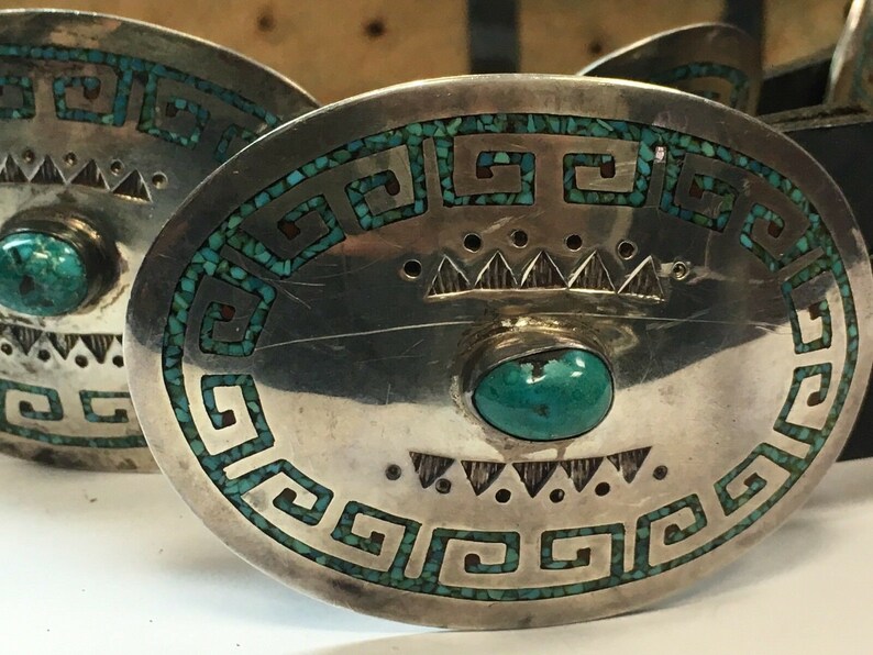 Antique Silver Belt 925 482.7g INLAY Turquoise Old Pawn CONCHO Estate Gem Stone image 2