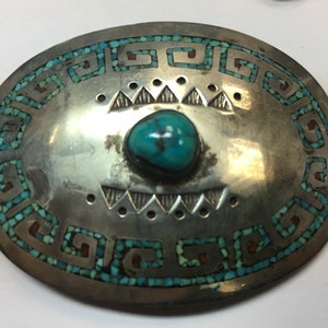 Antique Silver Belt 925 482.7g INLAY Turquoise Old Pawn CONCHO Estate Gem Stone image 7