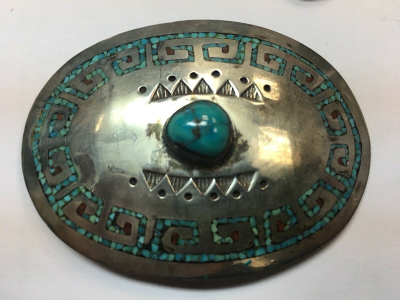 Antique Silver Belt 925 482.7g INLAY Turquoise Old Pawn CONCHO Estate Gem Stone image 7