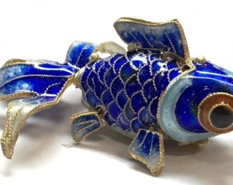 Vintage Chinese Silver Enamel Dark Blue Fish Pendant W/ Round Bail 925 sterling