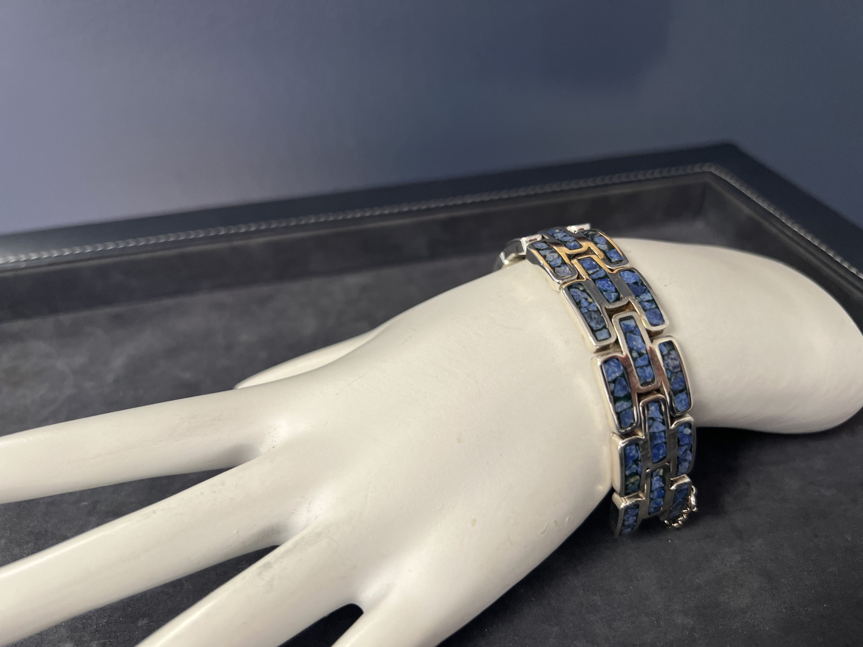 Bracelet Manchette En Argent 925 & Sodalite - Style Vintage Artisanal Du Mexique | 55x60mm, 49,1g - Occasion