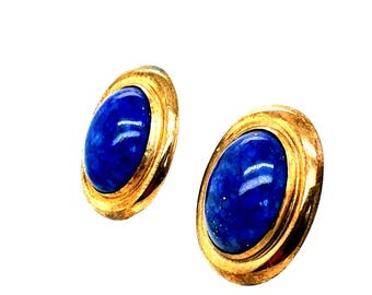 Retro Gelbgold Oval Blau Lapis Lazuli Cabochon Statement Ohrringe Circa 1970