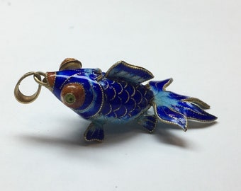 アンティーク中国輸出七宝焼き魚ペンダント｜関節式シルバーエナメル