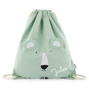 Bolsa de ginástica com nome Trixie Urso Polar para jardim de infância, creche, bolsa de ginástica, muda de roupa, bolsa esportiva personalizada