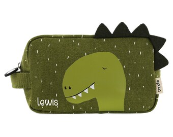 Kulturtasche mit Namen Trixie Dino für Kinder, Kulturbeutel Waschbeutel Tasche für Utensilien Urlaub Reisetasche für Kinder personalisiert