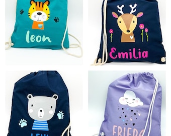 Gym bag with name for children, cloud tiger bear deer