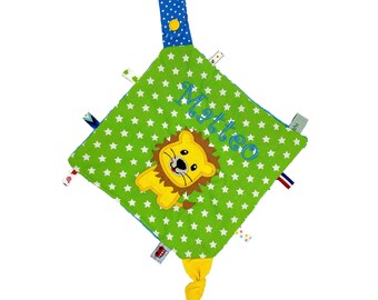 süßes Knistertuch mit Namen und Löwe, hochwertiger personalisierter Stick, Schmusetuch Geschenk für Geburt Taufe Babyparty